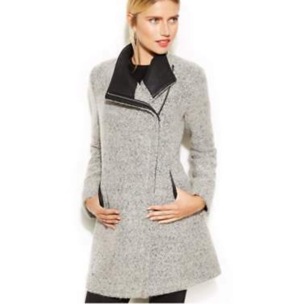Calvin Klein Asymmetrical Faux-Leather-Trim Wool-Blend Coad